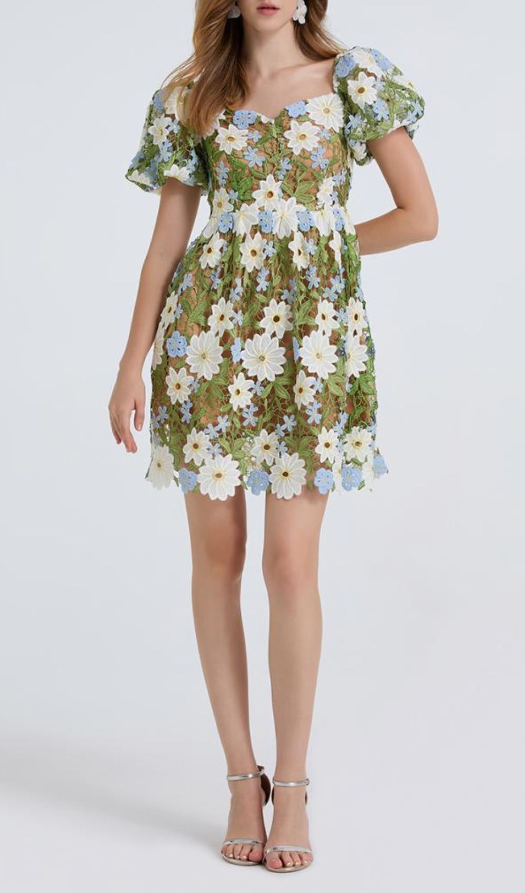 Fiducia Green Flower Embroidery Puff Sleeve Mini Dress