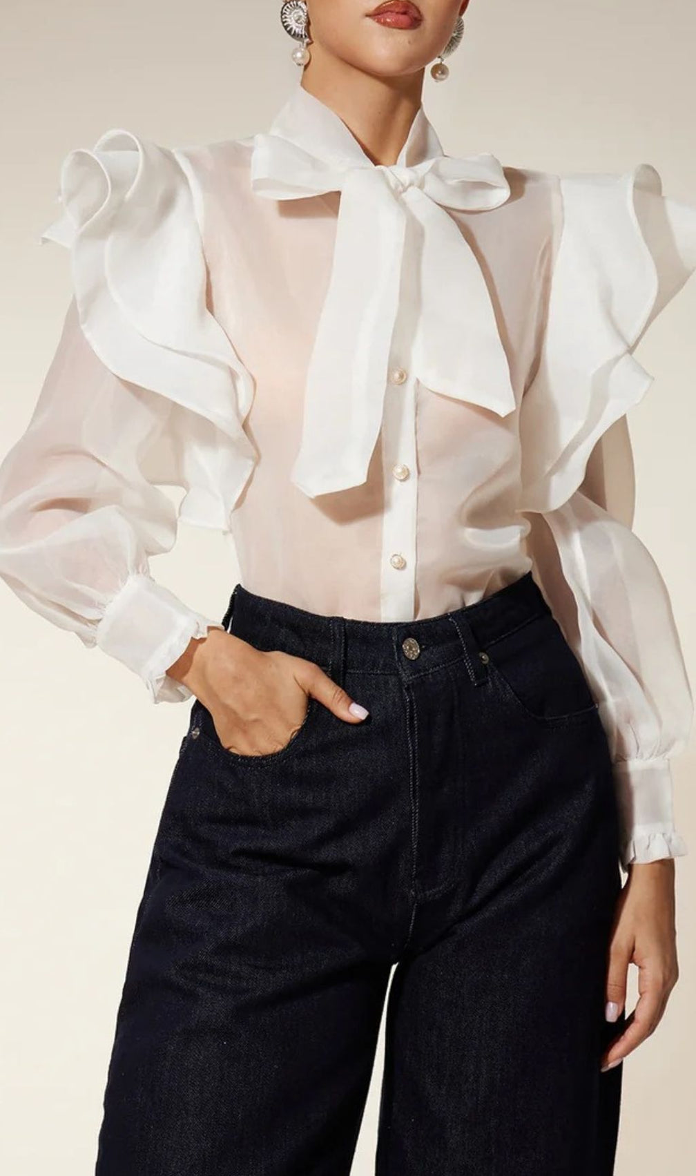 Chic Eiko Women's Sheer Organza Bow Ruffle Blouse