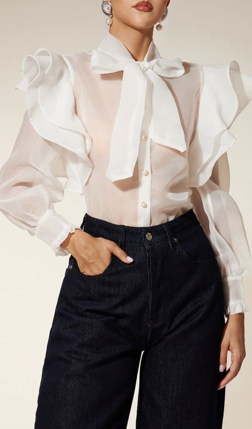 Chic Eiko Women's Sheer Organza Bow Ruffle Blouse