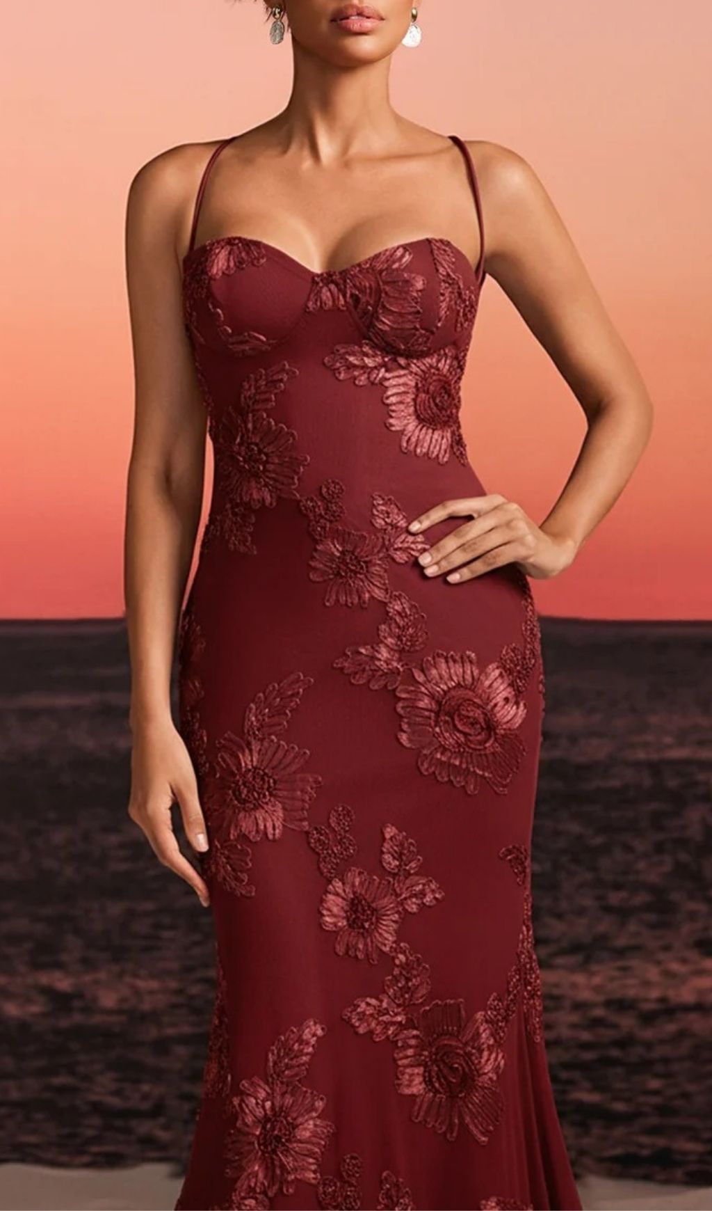 Zryne Spaghetti Embroidered Flower Maxi Dress In Wine