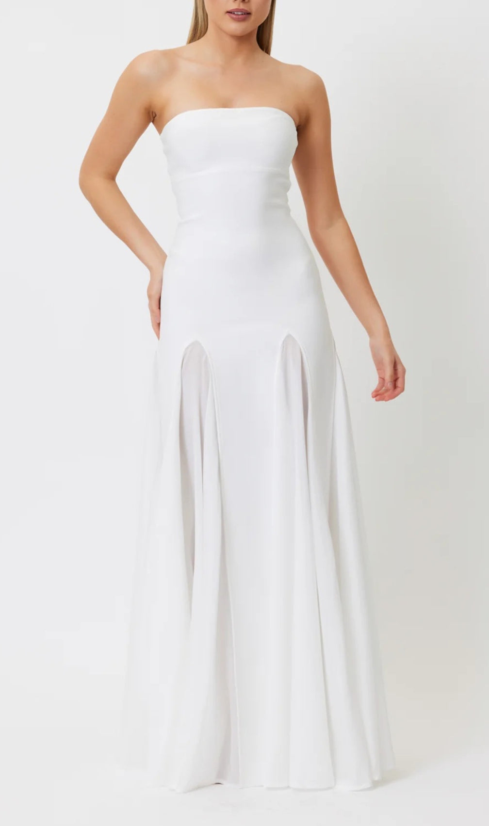 Strapless Mesh Insert A Line Maxi Dress White