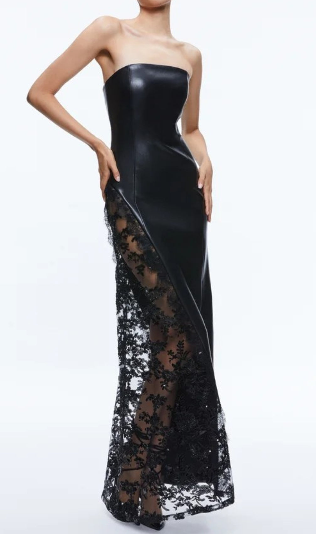 Caley Black Strapless Leather Lace Maxi Dress