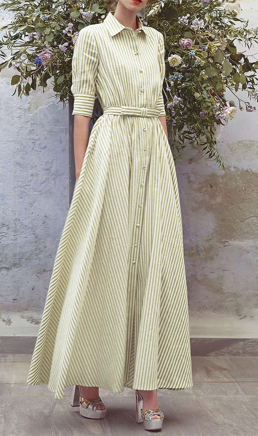 Effortless Chic: Green & White Striped Belted Maxi Shirt Dress for Women