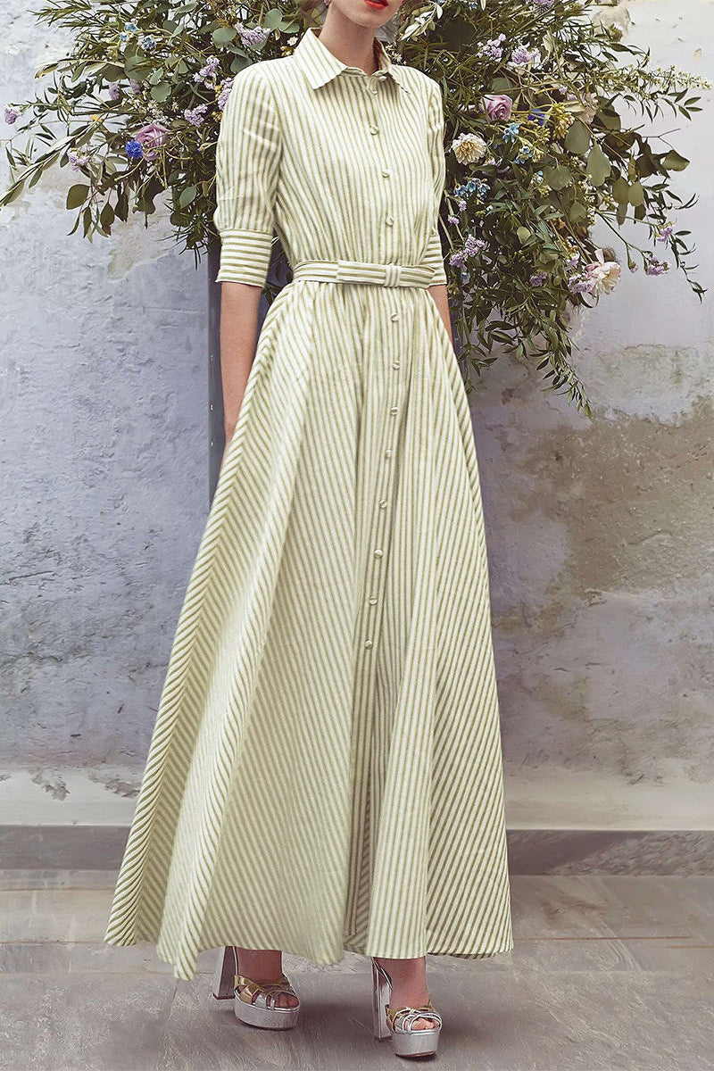 Effortless Chic: Green & White Striped Belted Maxi Shirt Dress for Women