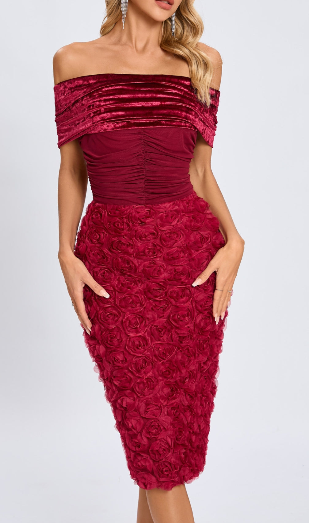 Colletta Red Off-Shoulder Ruched Flower Midi Dress