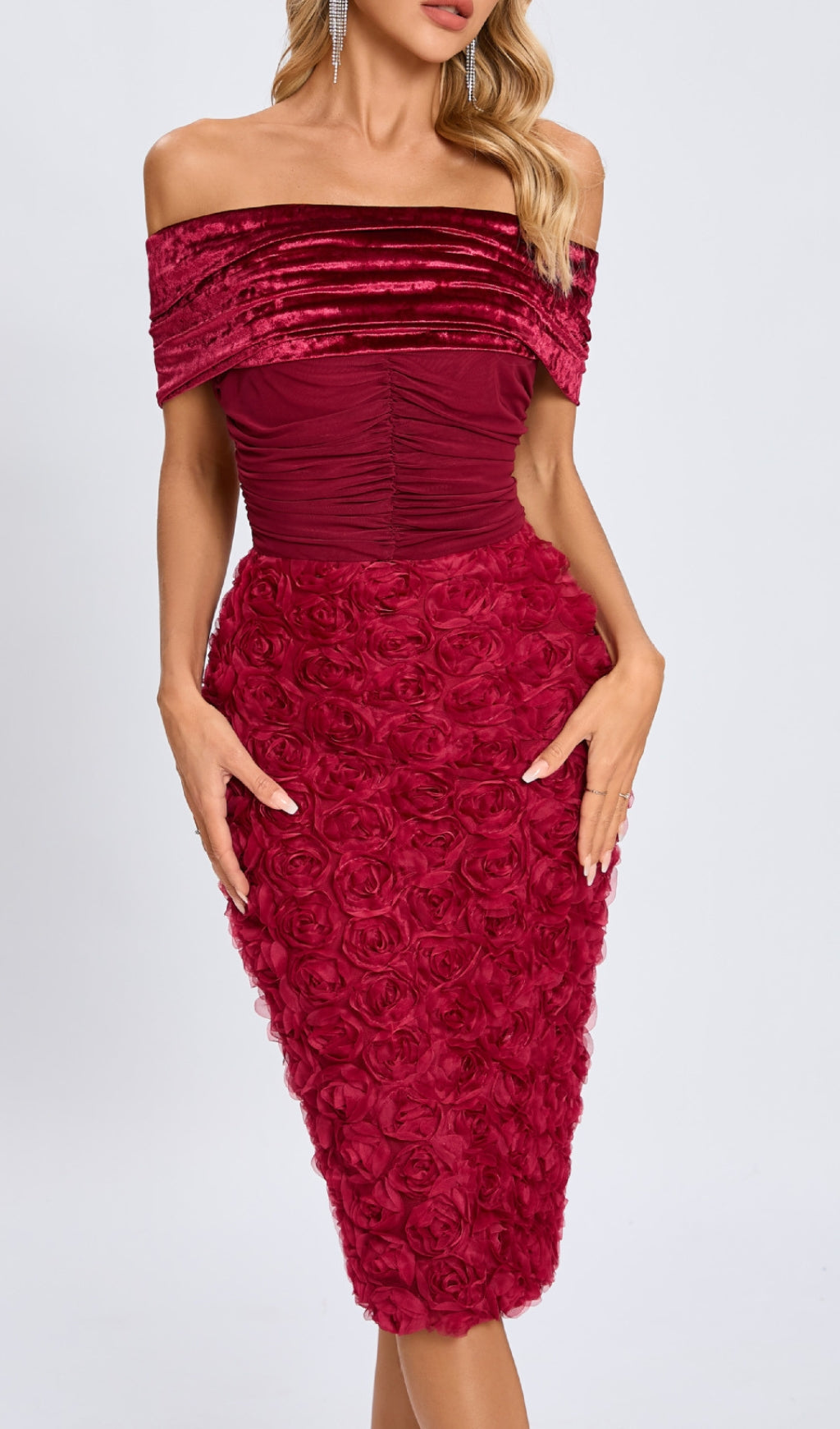 Colletta Red Off-Shoulder Ruched Flower Midi Dress