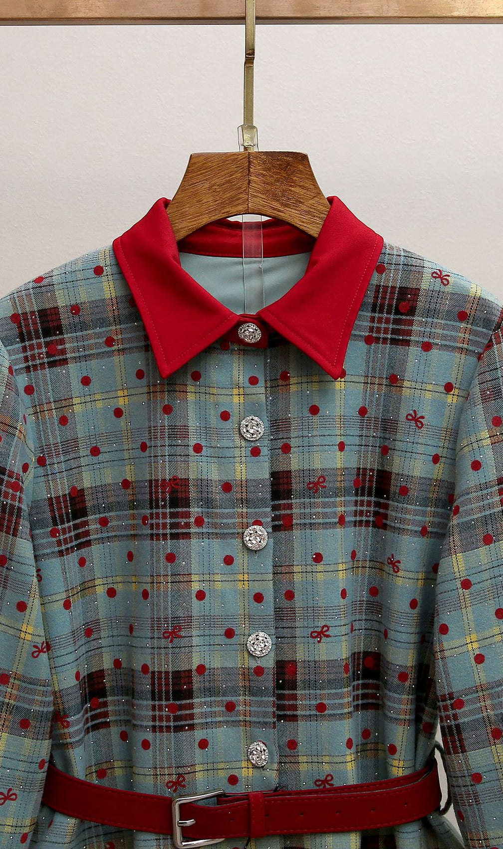 Humla Plaid Bow Mini Dress with Red Collar & Belt - Festive Chic for Women