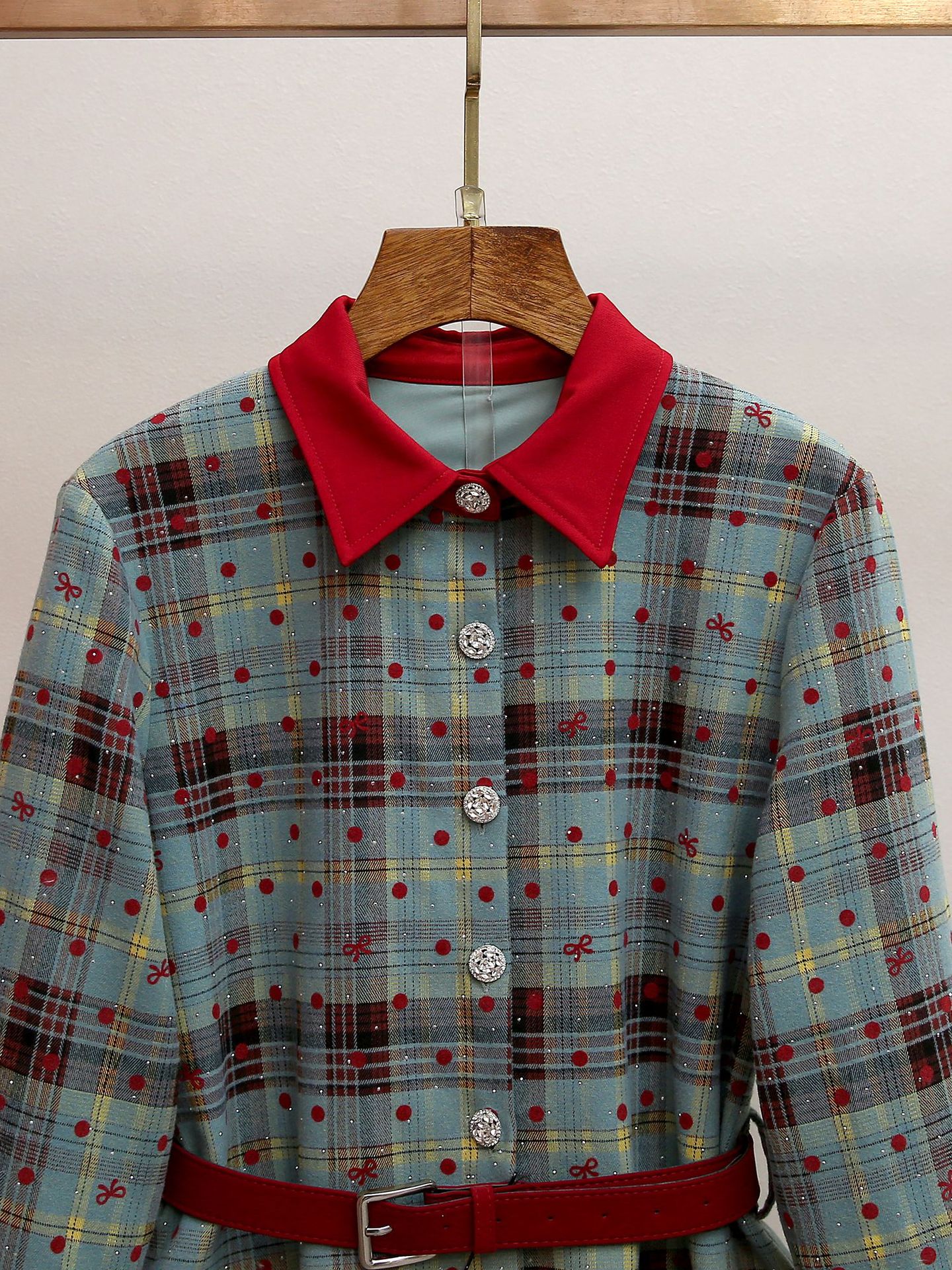 Humla Plaid Bow Mini Dress with Red Collar & Belt - Festive Chic for Women