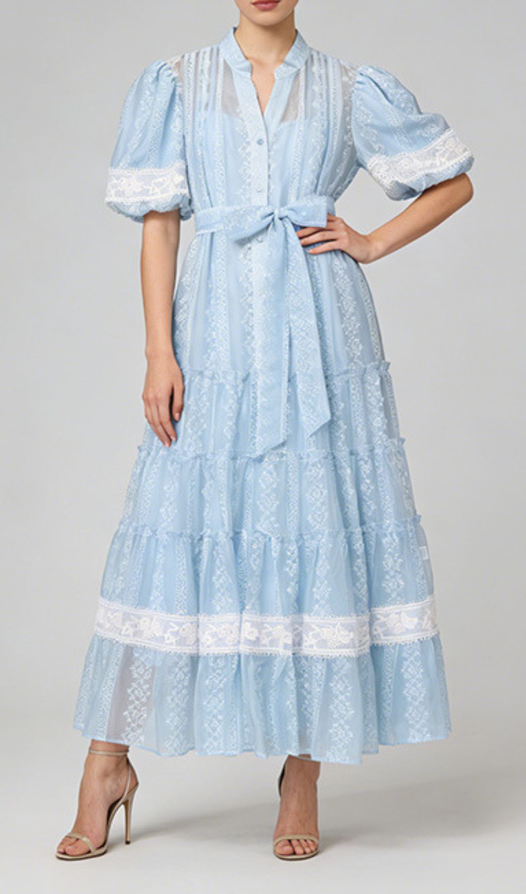 Jad Romantic Lace Puff-Sleeve Tiered Maxi Dress