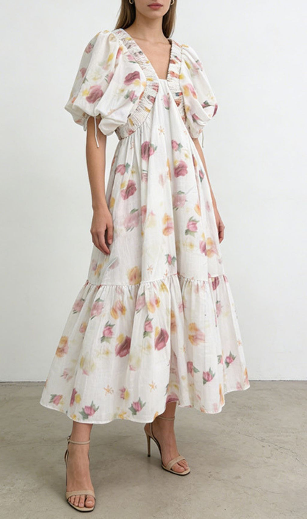 Elegant Karrie Puff-Sleeve Leaf Print Maxi Dress – Summer Garden Party & Wedding Guest