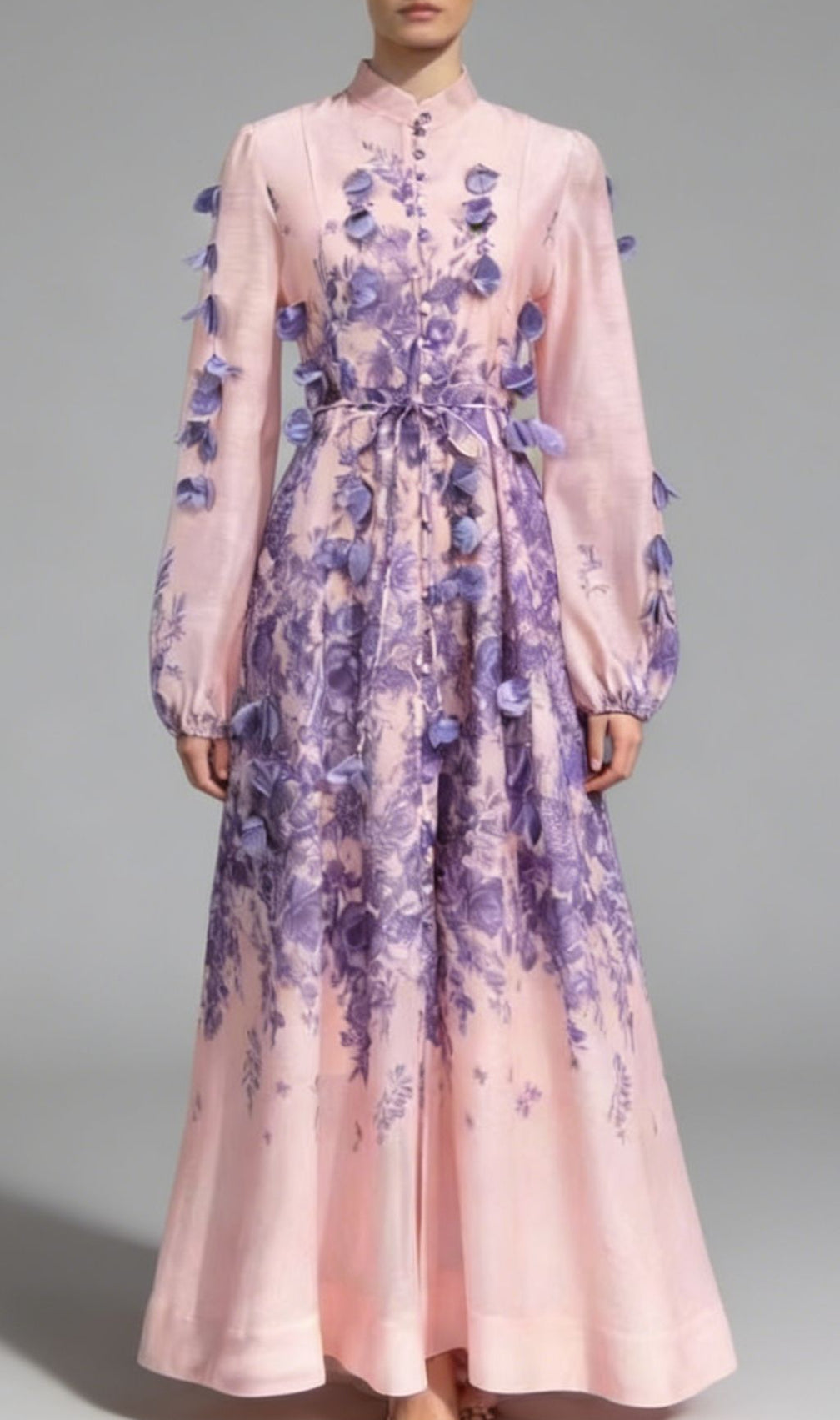 Karsyn Enchanted Garden Pink & Purple Floral Maxi Dress | 3D Petal Long Sleeve