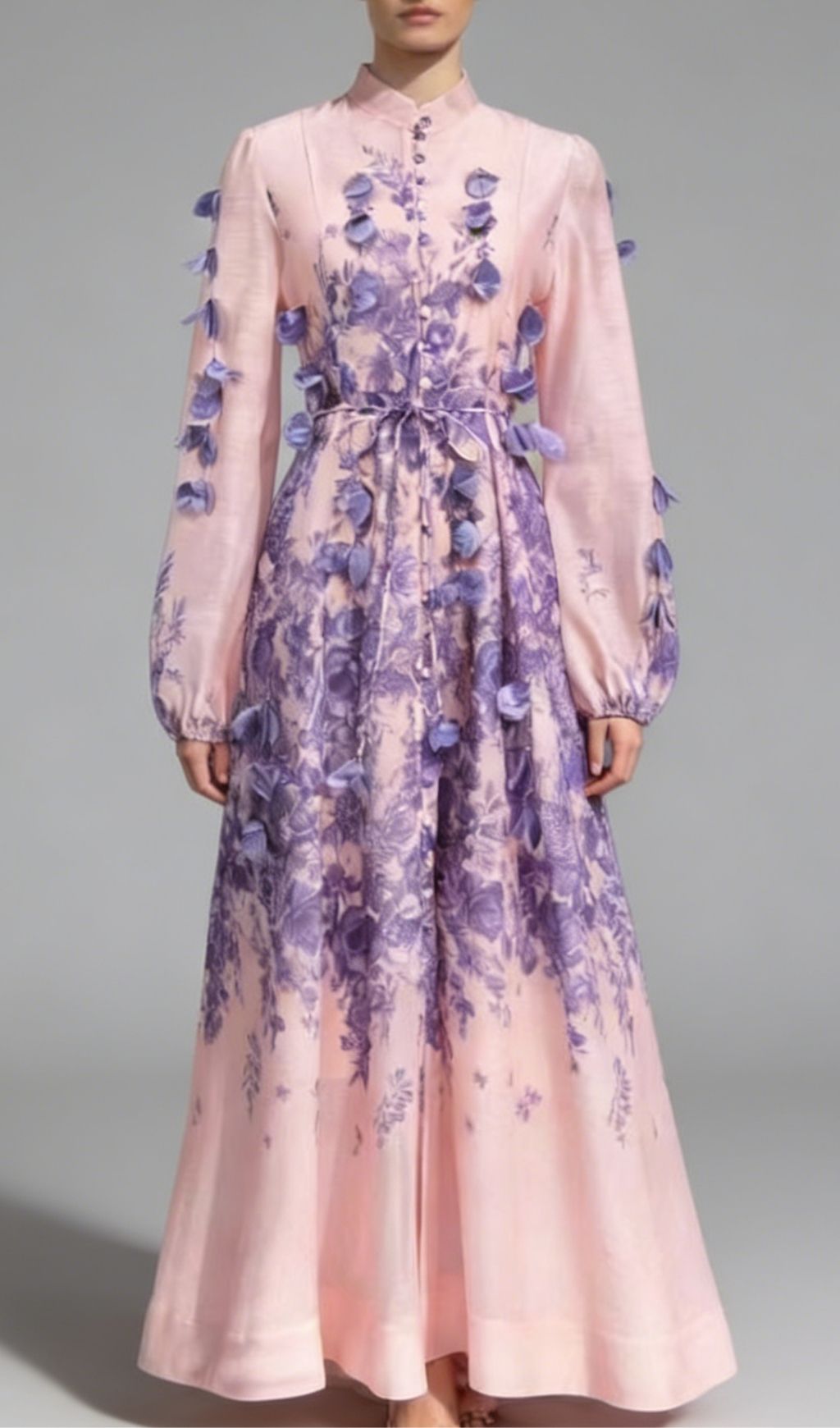Karsyn Enchanted Garden Pink & Purple Floral Maxi Dress | 3D Petal Long Sleeve