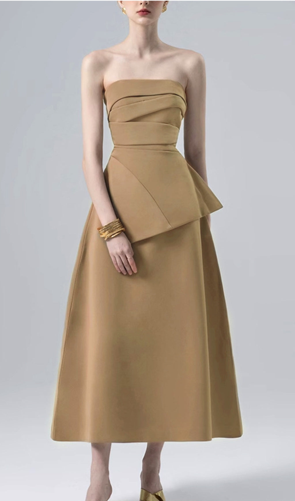 Binh Khaki Strapless Midi Dress