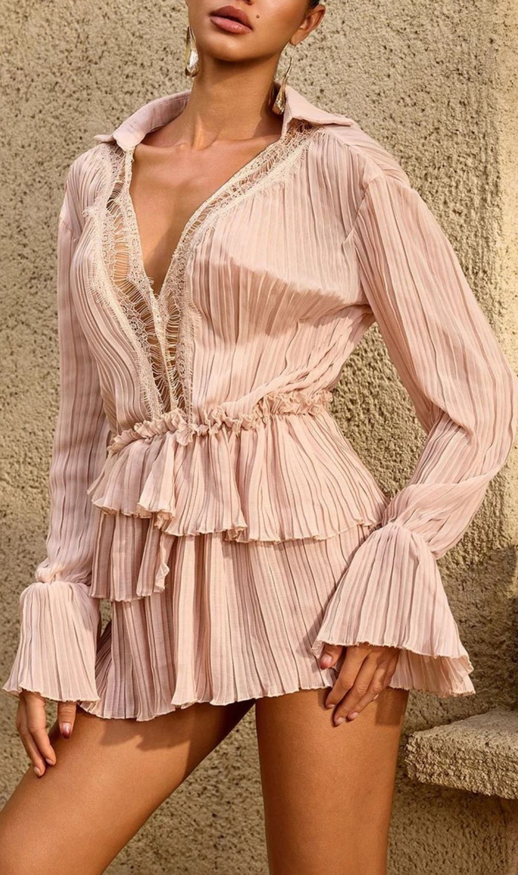 Lorthane Plunge Neck Pleated Tiered Mini Dress