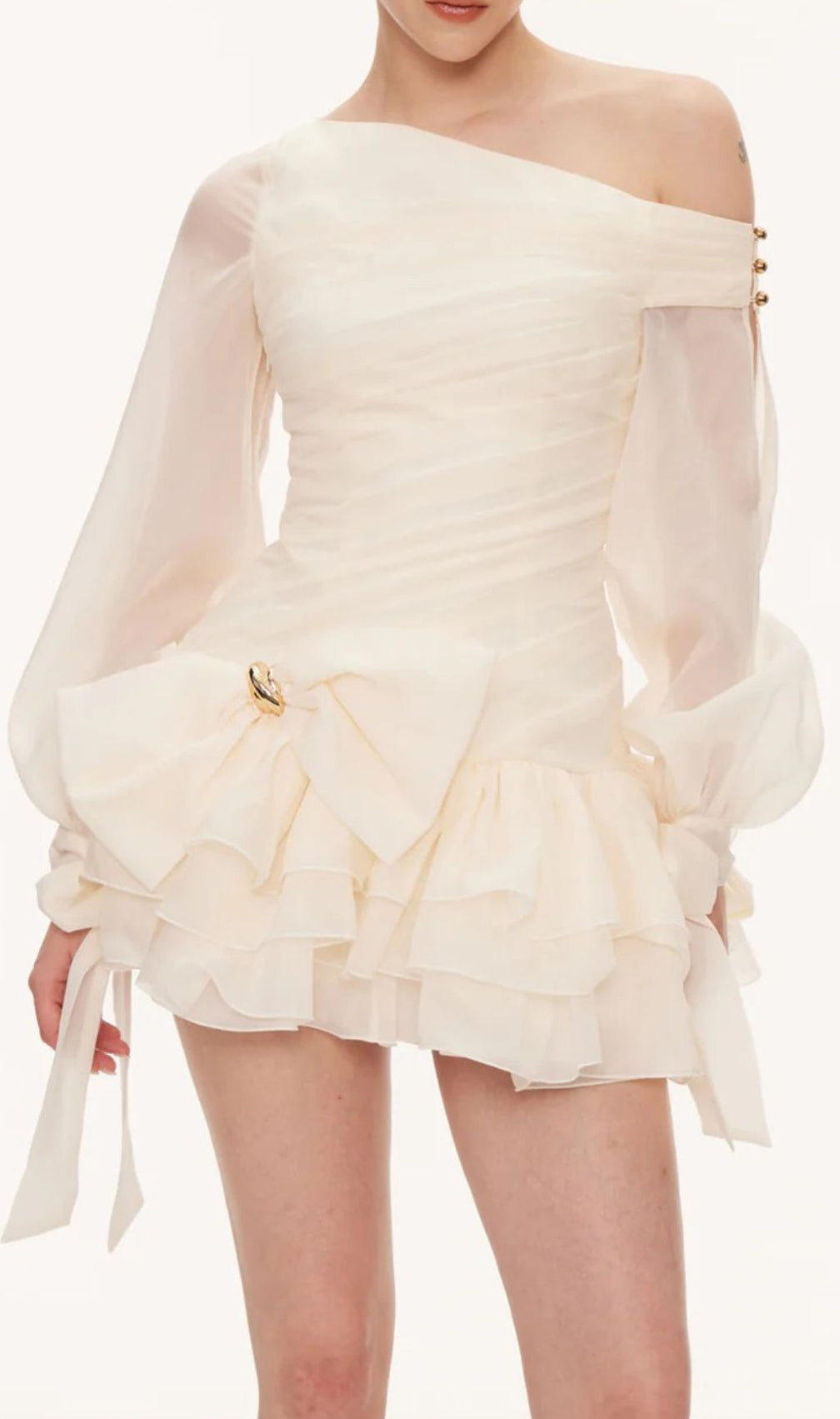 Kaija Chic Bow Mini Dress | Asymmetric Puffy Sleeve Party Style