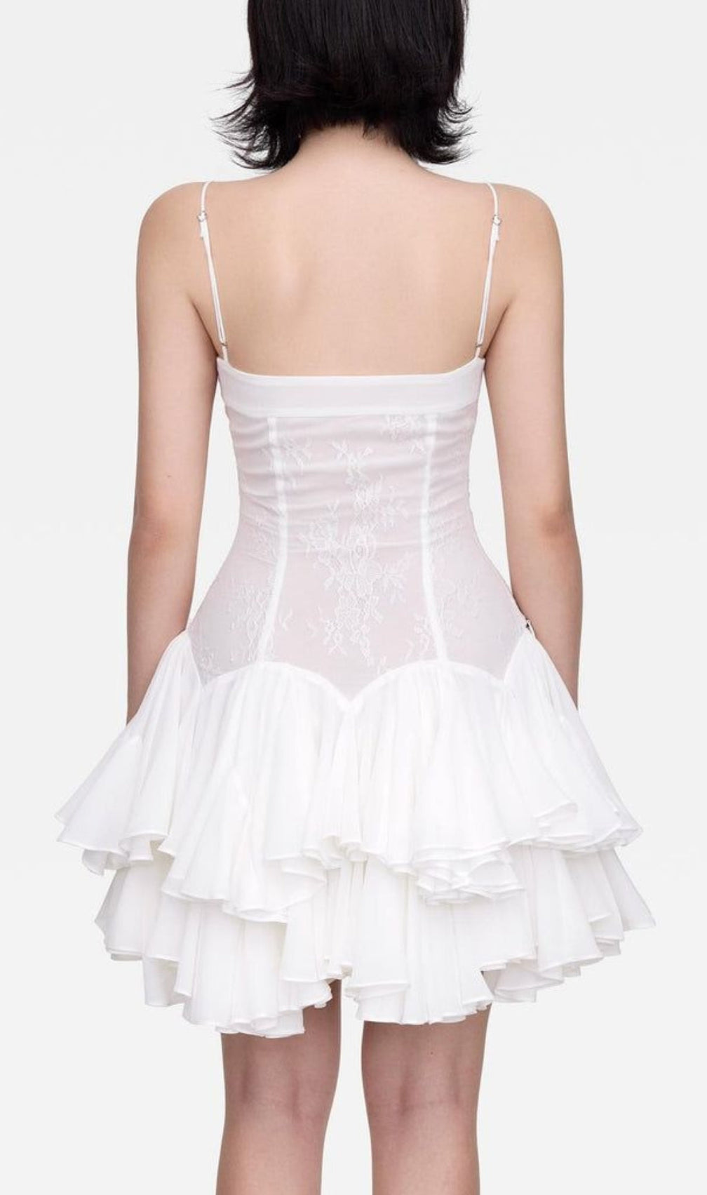 Almis White Lace Ruffle Mini Dress