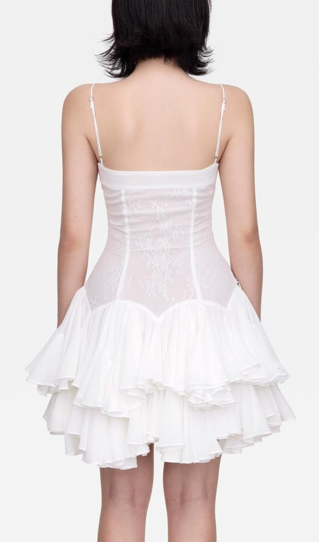 Almis White Lace Ruffle Mini Dress