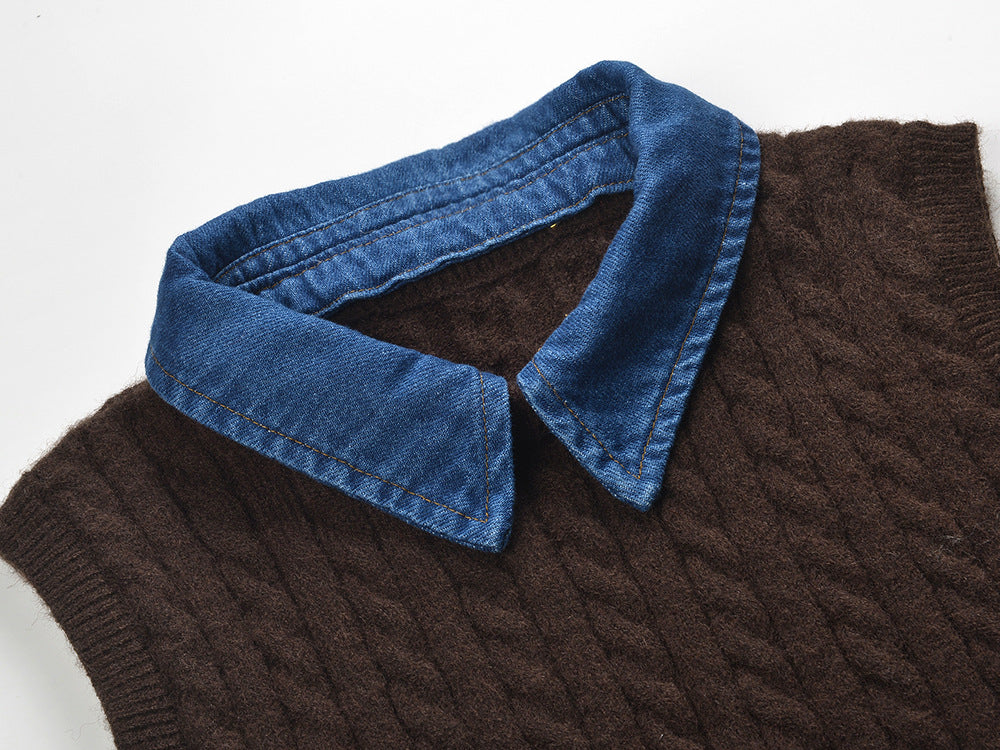 Chic Denim Collar Cable Knit Sleeveless Sweater Vest for Women