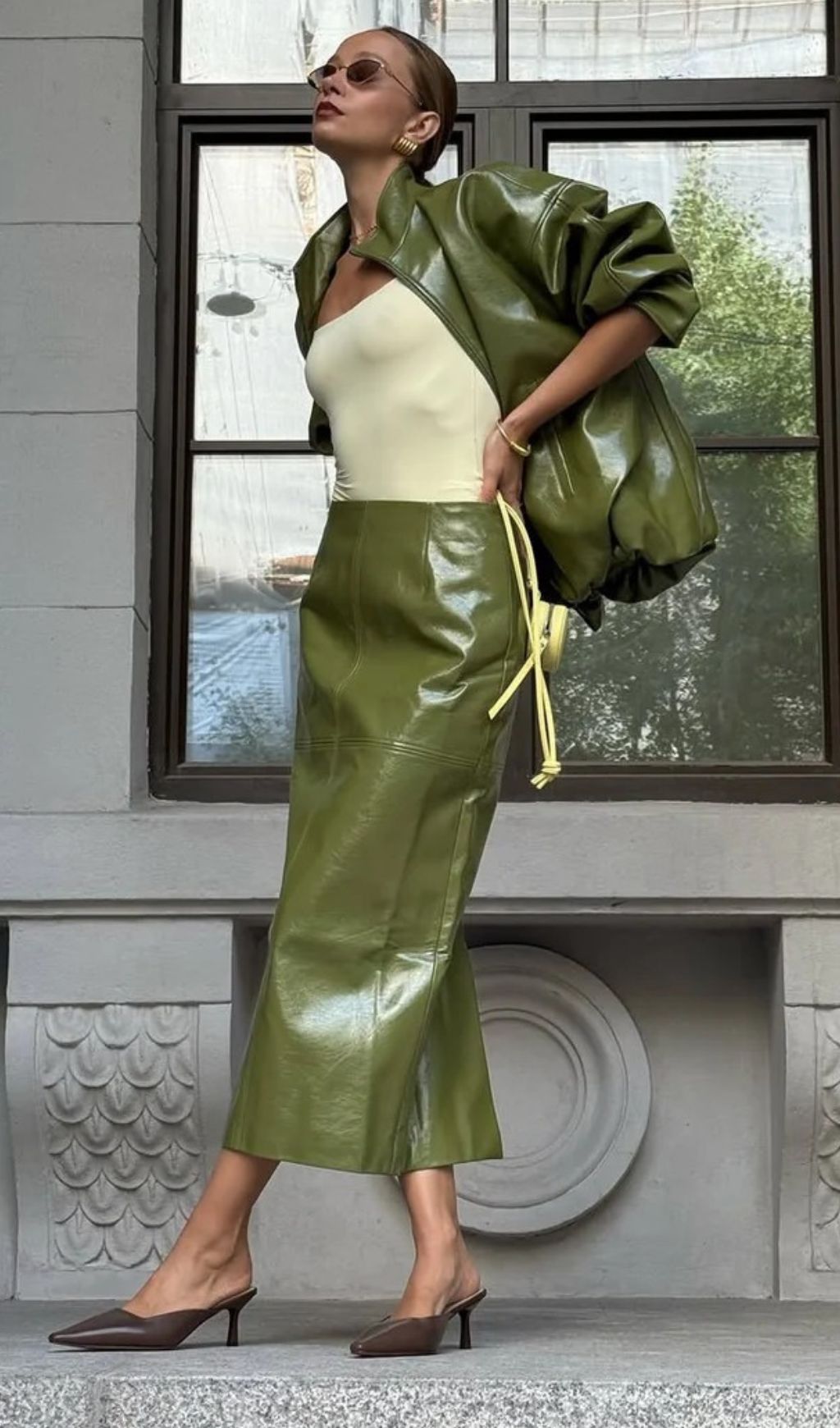 Jehan Glossy PU Leather Bomber Jacket & Midi Skirt Set - Chic Olive Green Co-ord