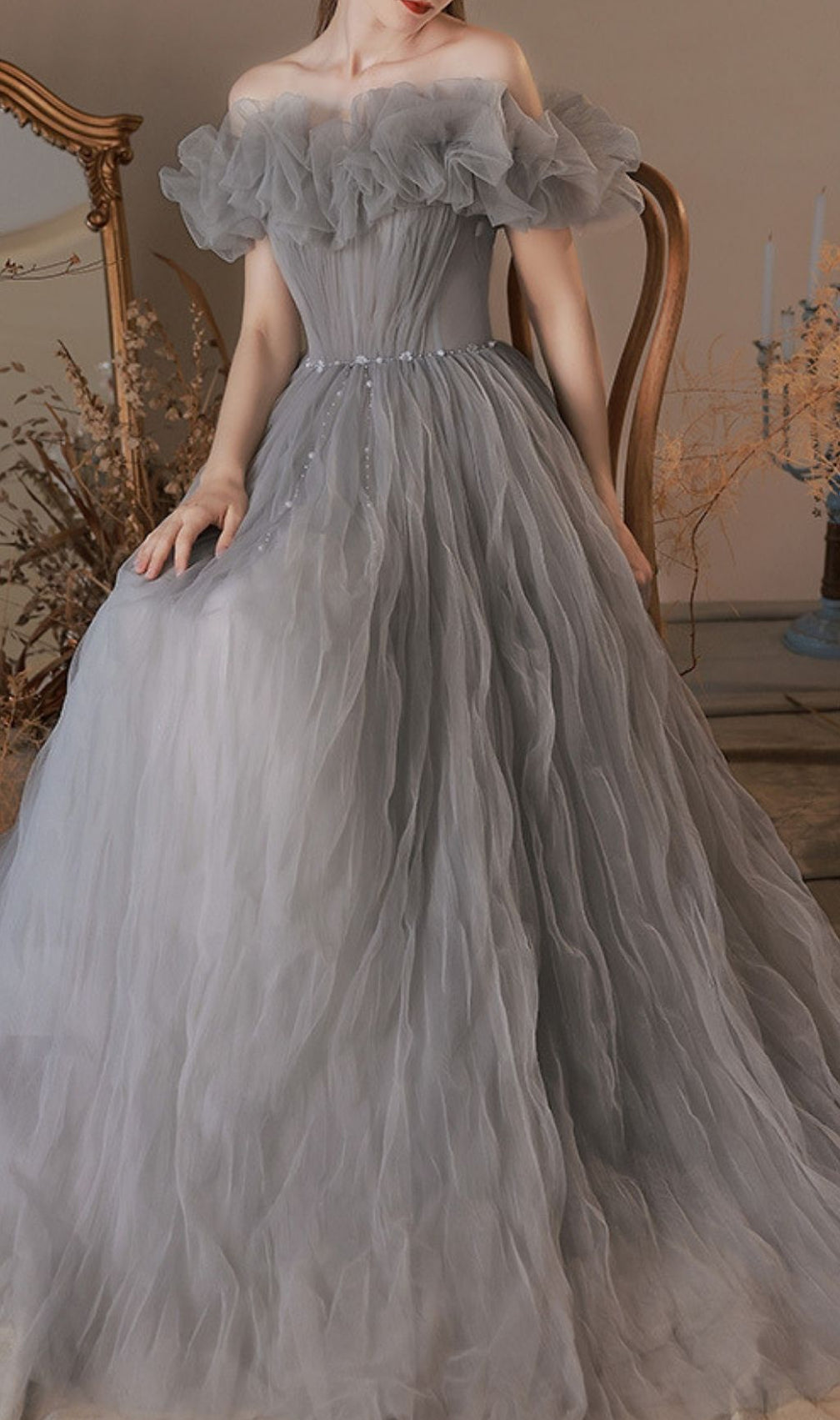 Kasey Grey Off-Shoulder Mesh Maxi Gown - Modern Elegance