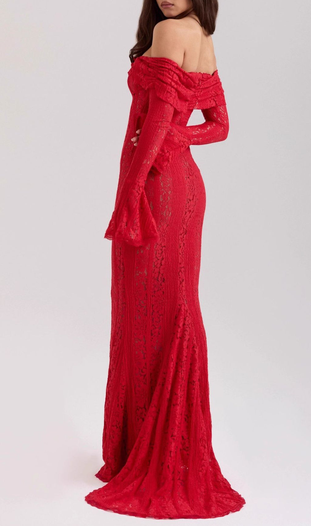 Jolene Red Lace Off-Shoulder Maxi Dress - Long Sleeve Evening Gown