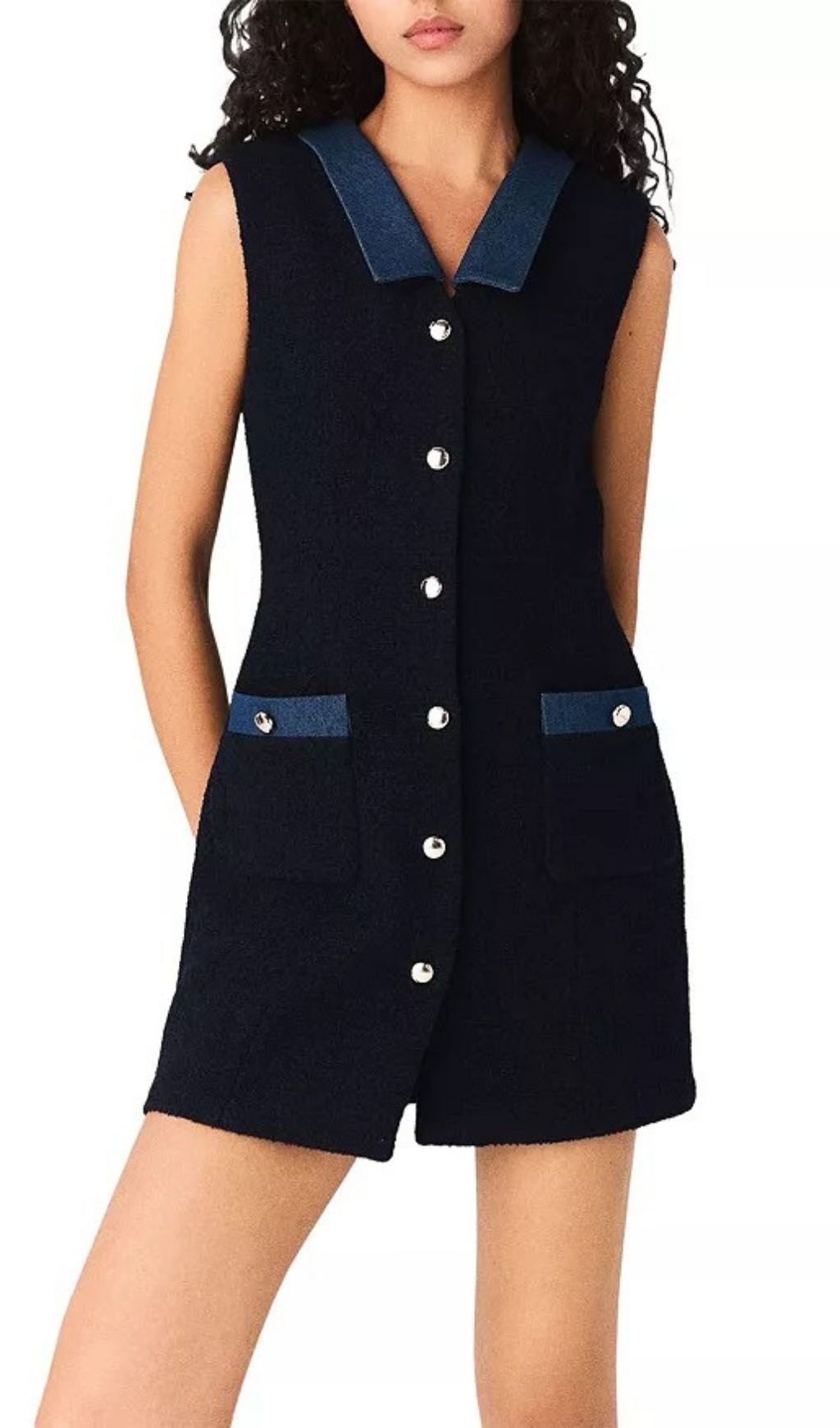 Chic Denim Collar Sleeveless Mini Dress - Gold Button A-Line Style