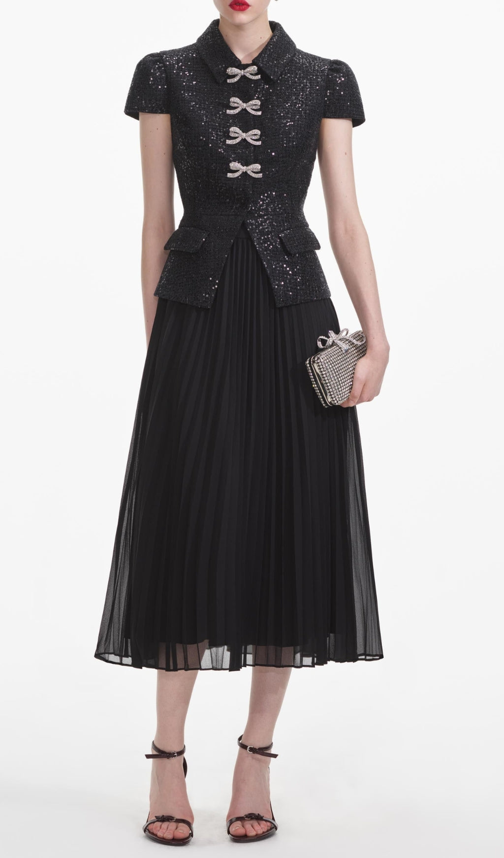 Black Boucle Bow Midi Dress