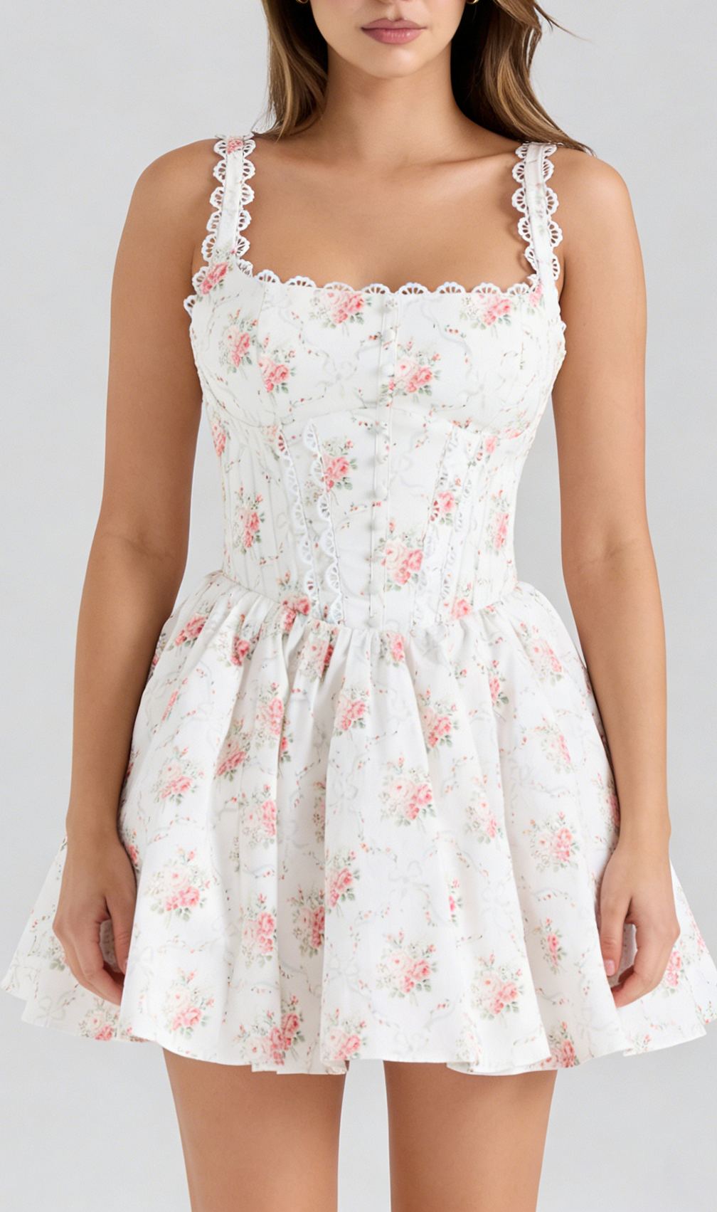 Hedy Romantic Floral Lace-Trim Corset Mini Dress with Tie-Back - Pink