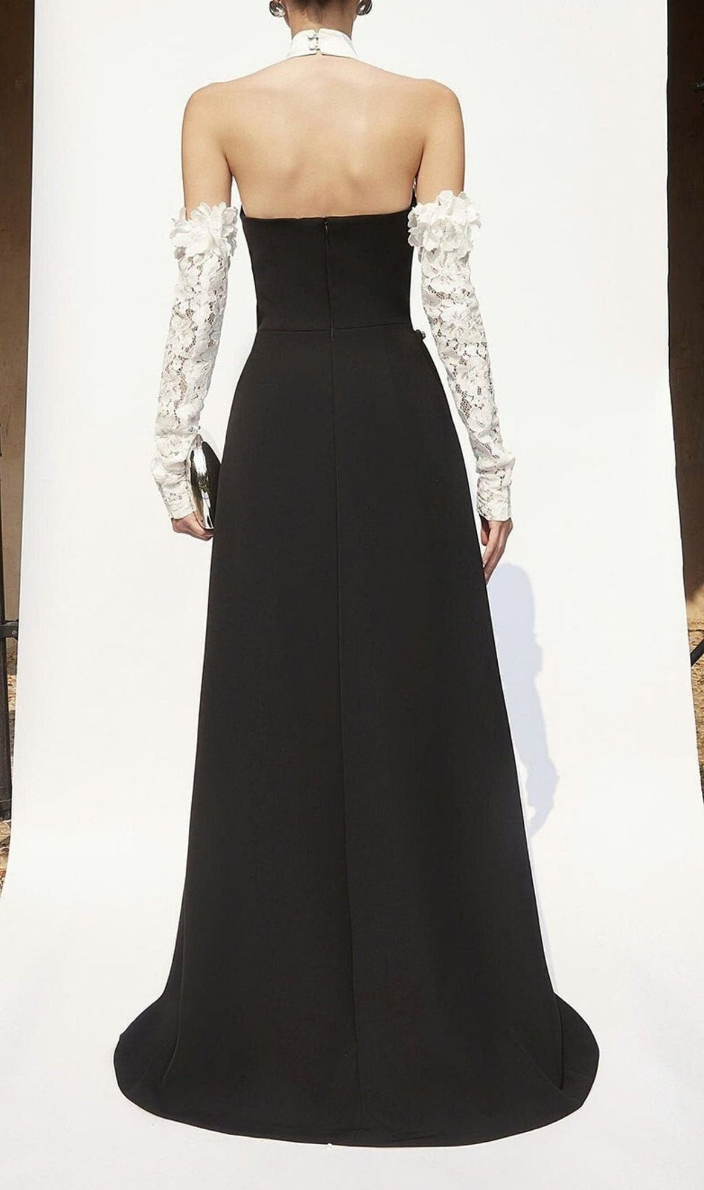 Kavi Elegant Black & White Halter Ruffle Pleated Maxi Dress