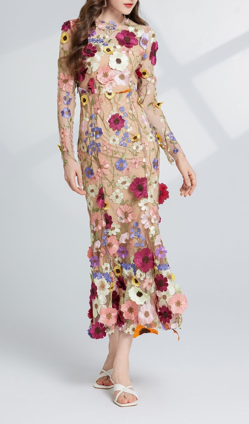 Carol Floral Embroidery Mesh Fishtail Long Sleeve Midi Dress