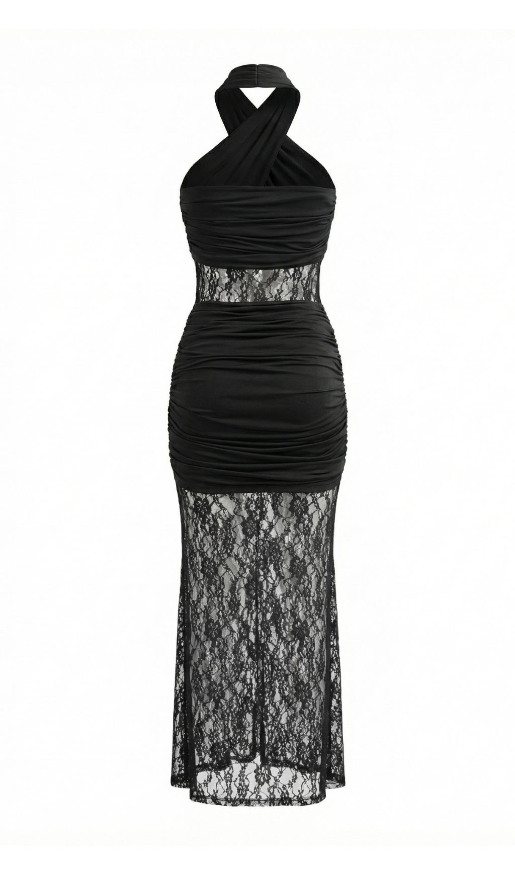 Jaelle Black Halter Lace Ruched Maxi Dress - Romantic Evening Gown