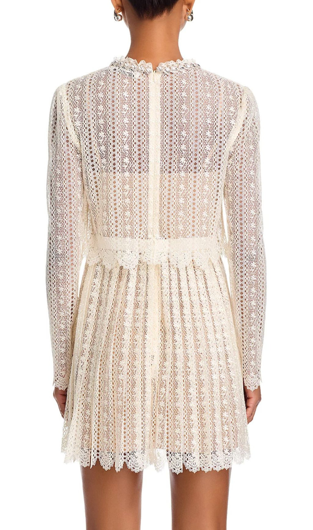 Chic Organza Lace Mini Dress | Ruffled Neck & Scalloped Details