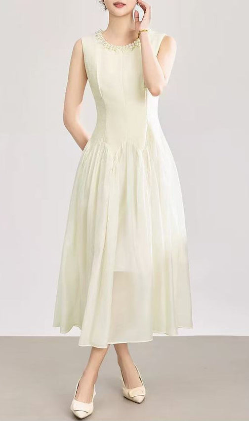 Sleeveless Midi Dress with Tulle Skirt and Pearl Embellished Collar - Ivoire