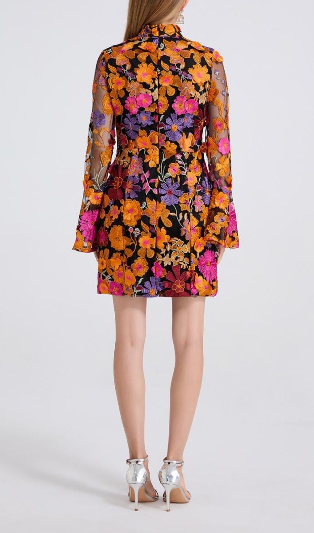 Donelle Vibrant Floral Embroidered Bell Sleeve Mini Dress