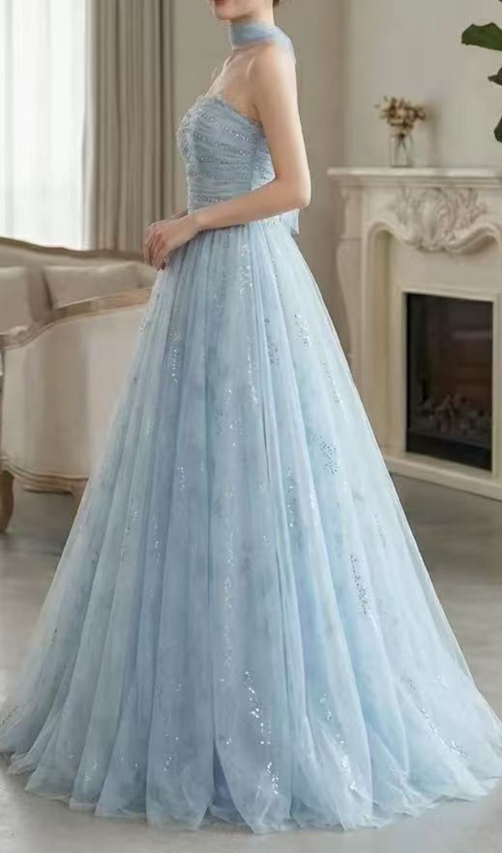 Kendi Sky Blue Embellished Strapless Tulle Gown with Choker | Dreamy Formal Maxi Dress
