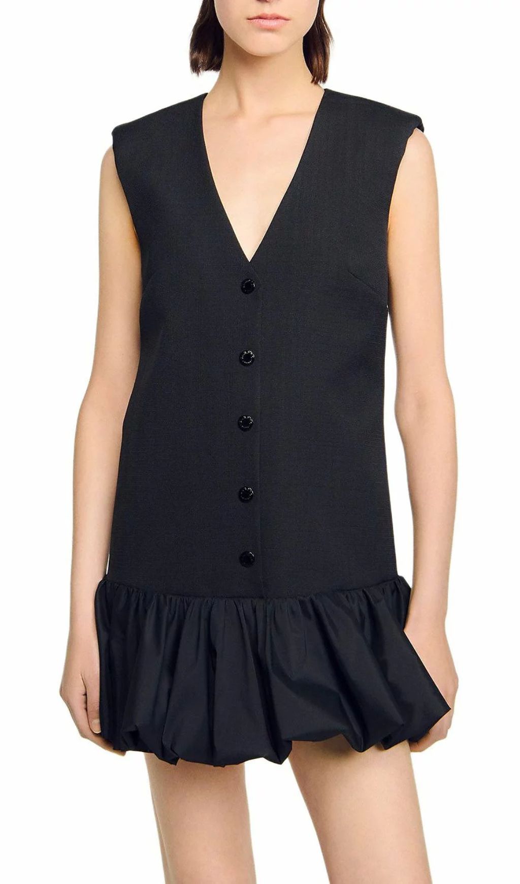 Chic V-Neck Button-Front Bubble Hem Mini Dress