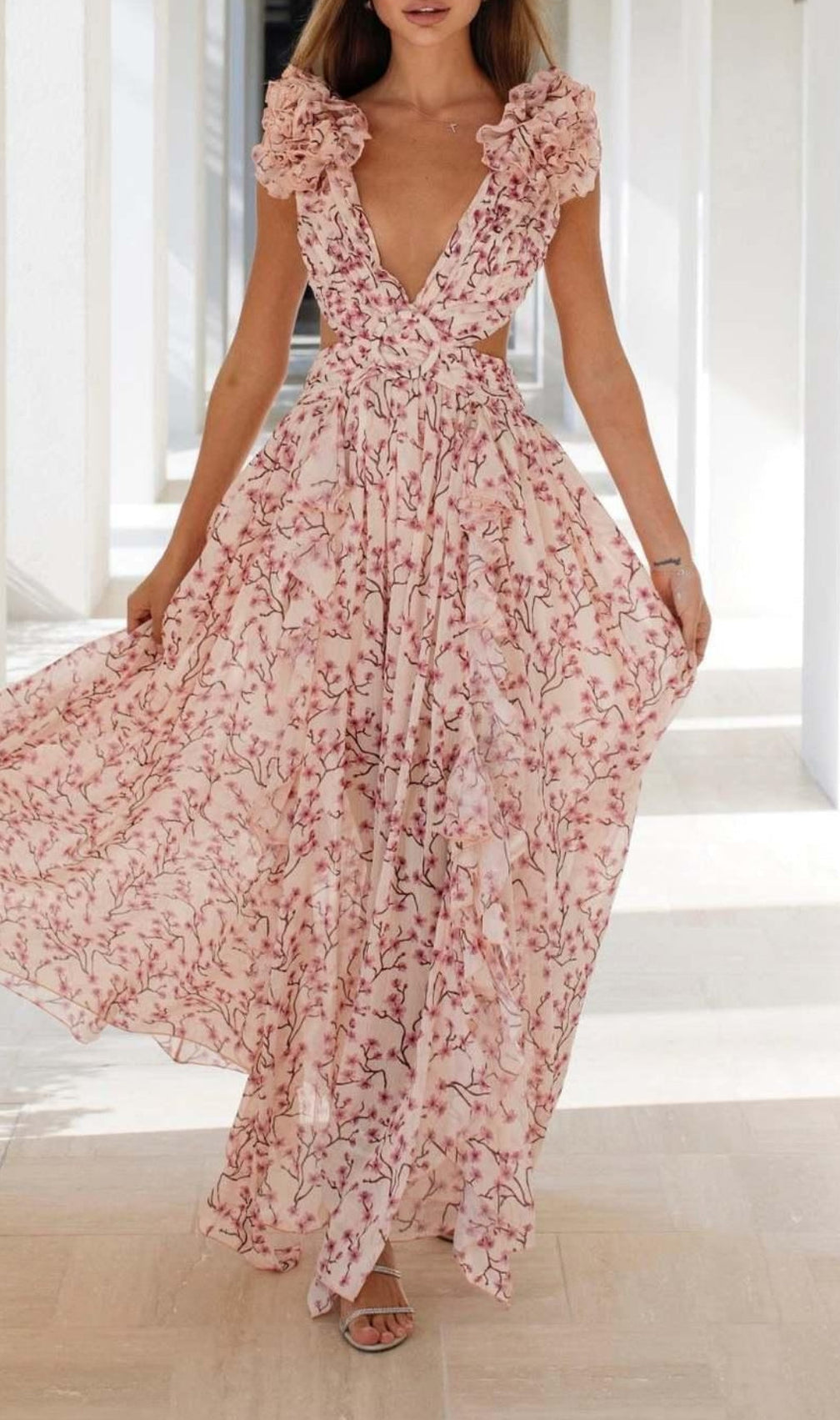 Anjelica Pink Ruffled Floral Maxi Dress