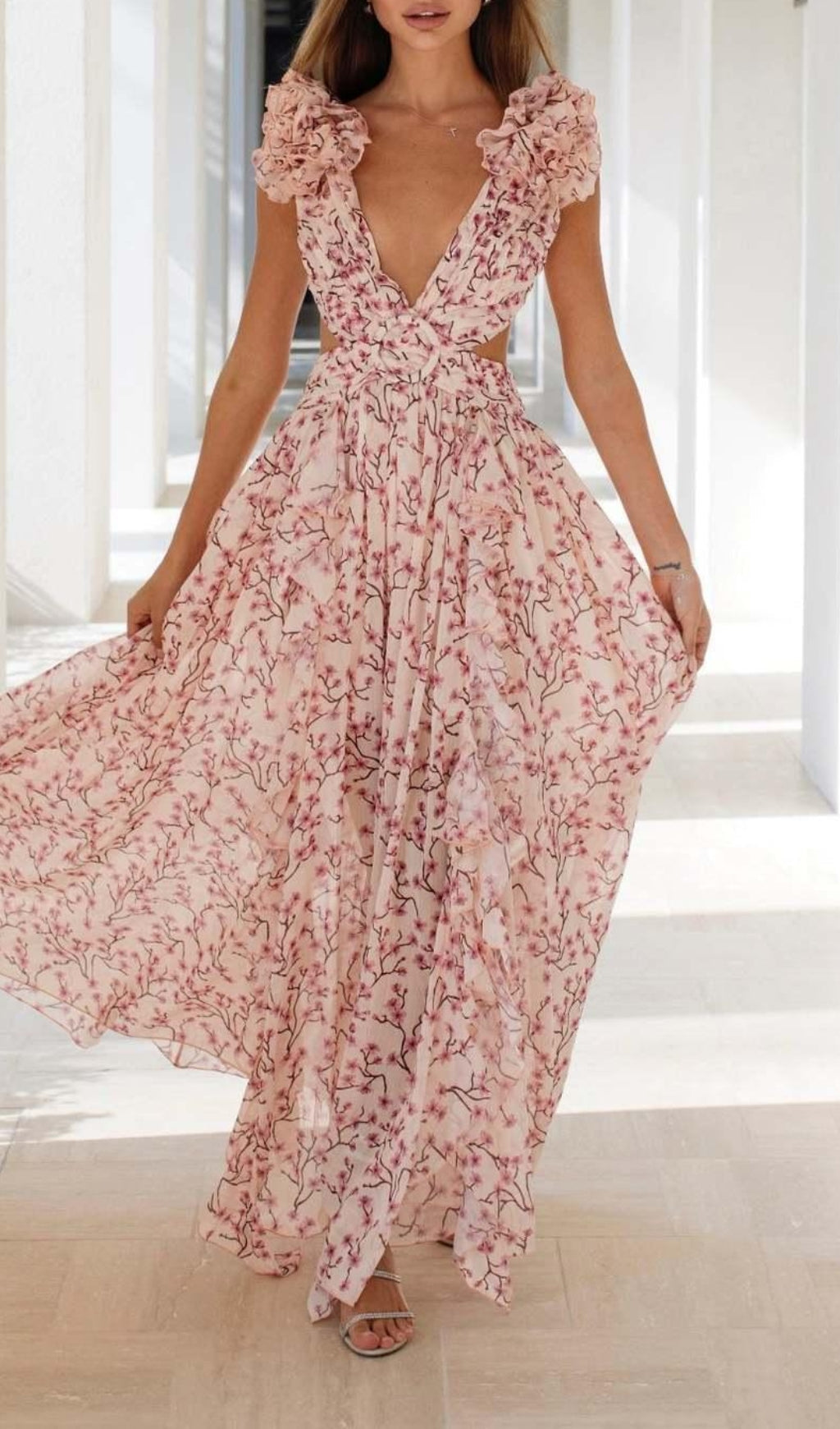 Anjelica Pink Ruffled Floral Maxi Dress