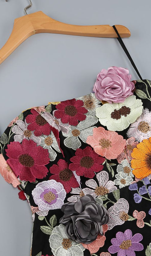 Laasya Black Strapless Flower Embroidery Mini Dress