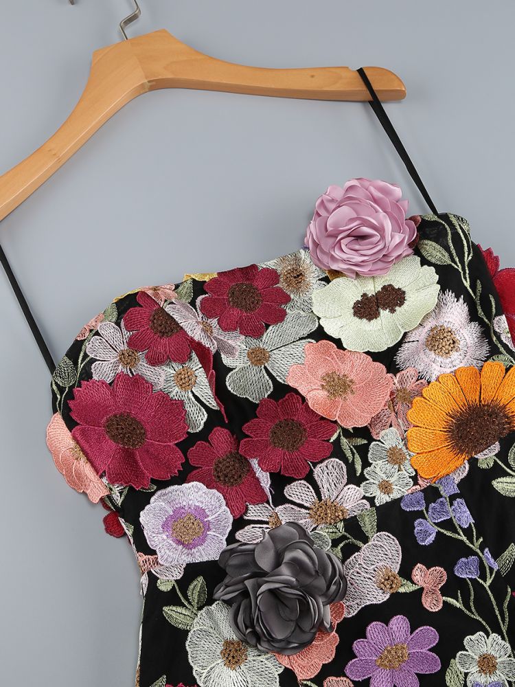 Laasya Black Strapless Flower Embroidery Mini Dress