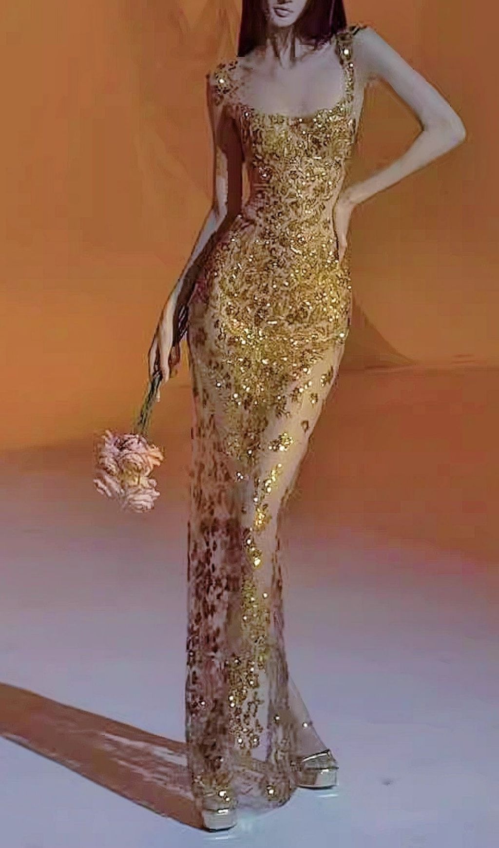 Kochava Gold Sequin Beaded Mesh Maxi Dress