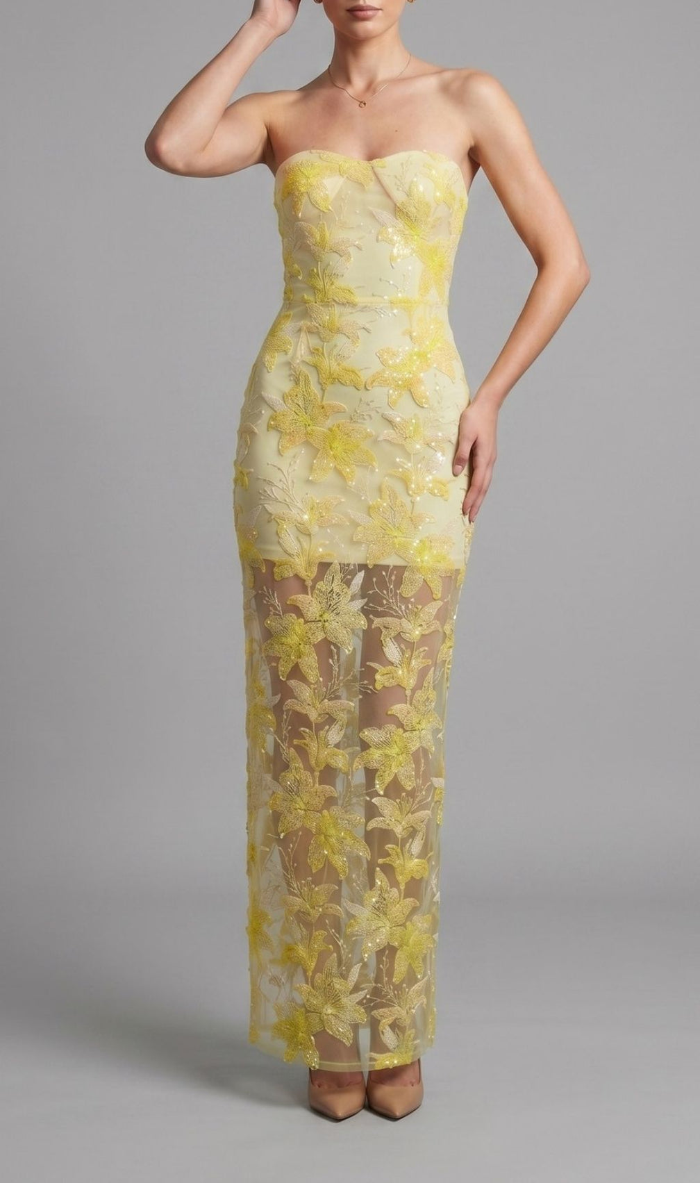 Kikuyo Yellow Strapless Sequin Floral Maxi Dress