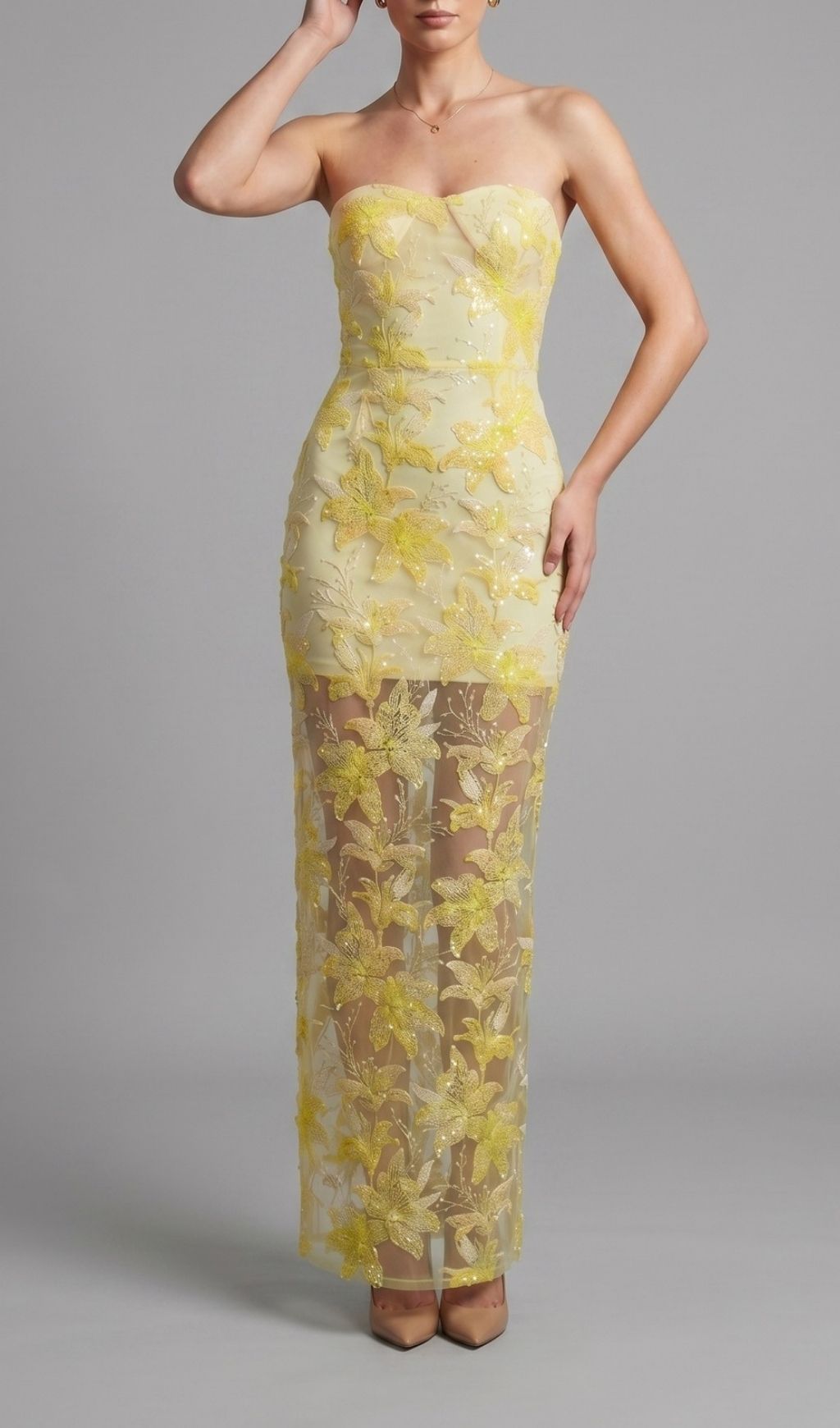 Kikuyo Yellow Strapless Sequin Floral Maxi Dress