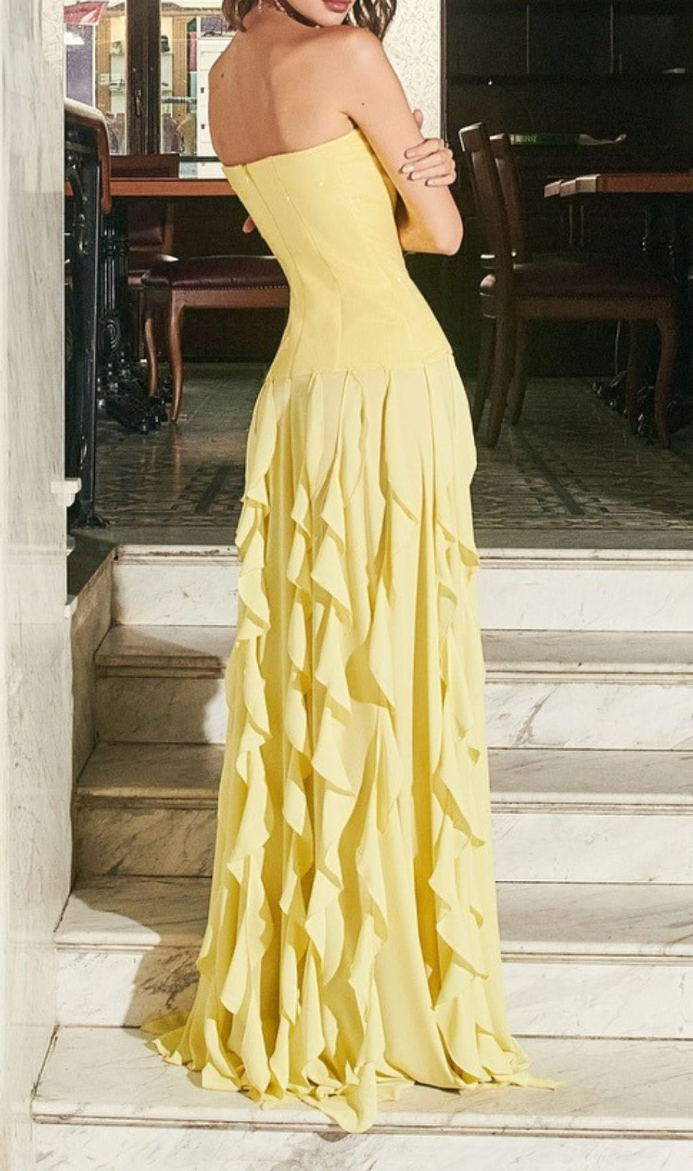 Kalki Dazzling Yellow Strapless Sequin Ruffle Maxi Dress