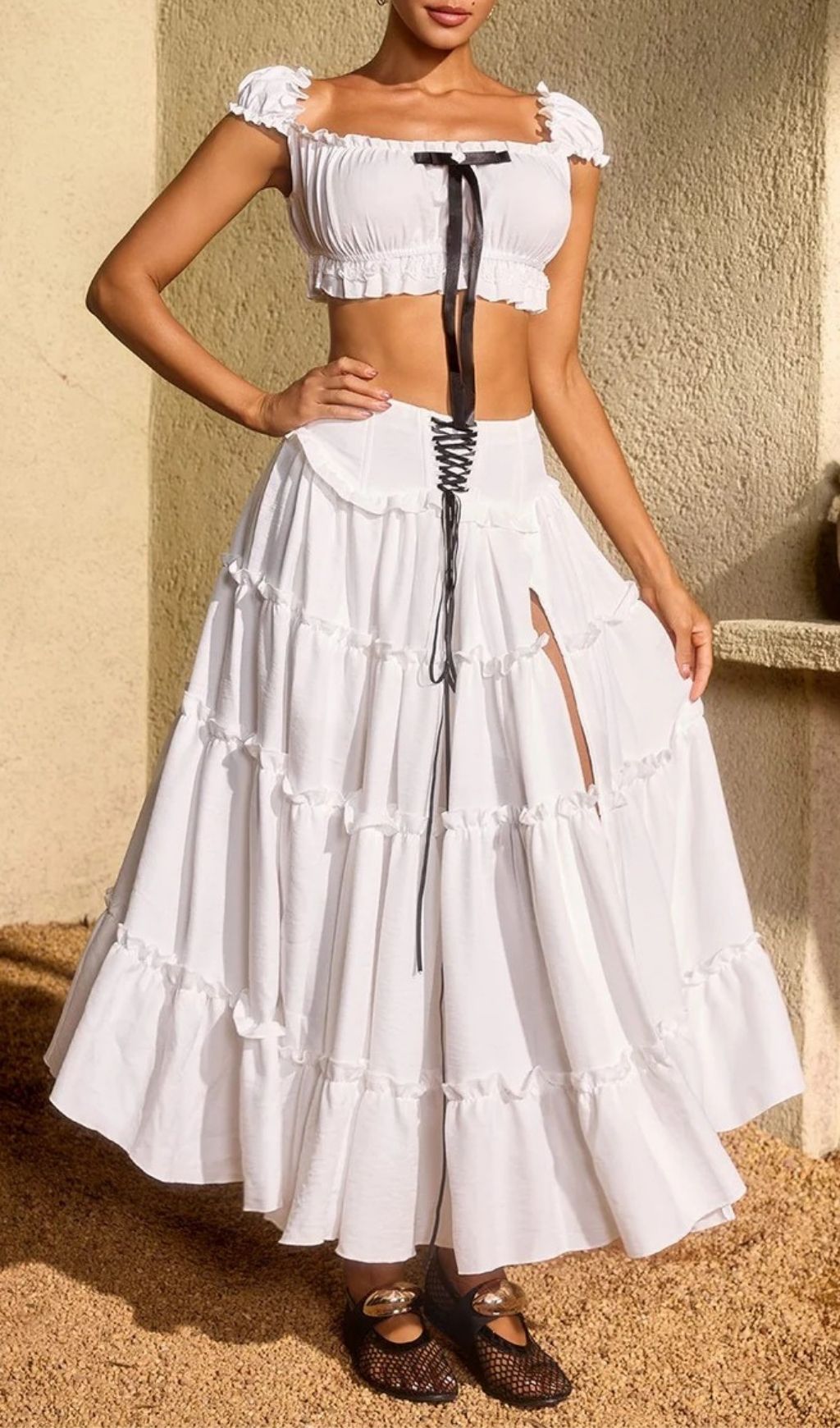Uvenlor Lace Up Split Skirt Set