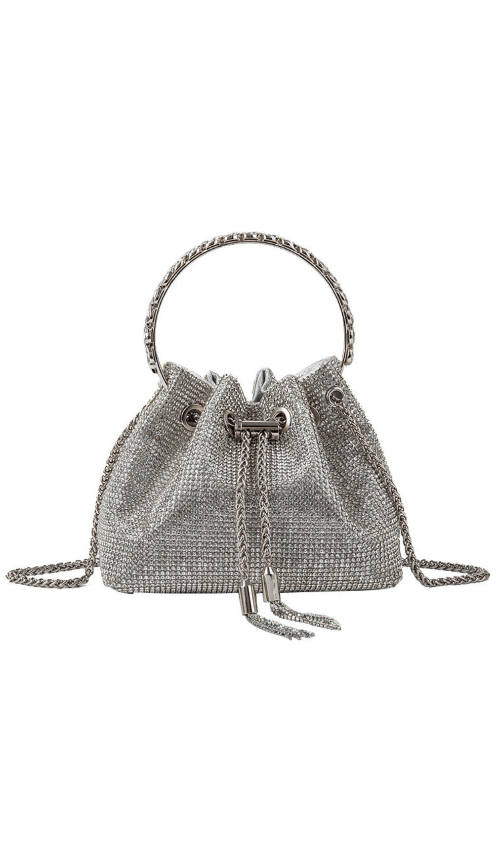 Crystal Embellished Bucket Bag In Silver