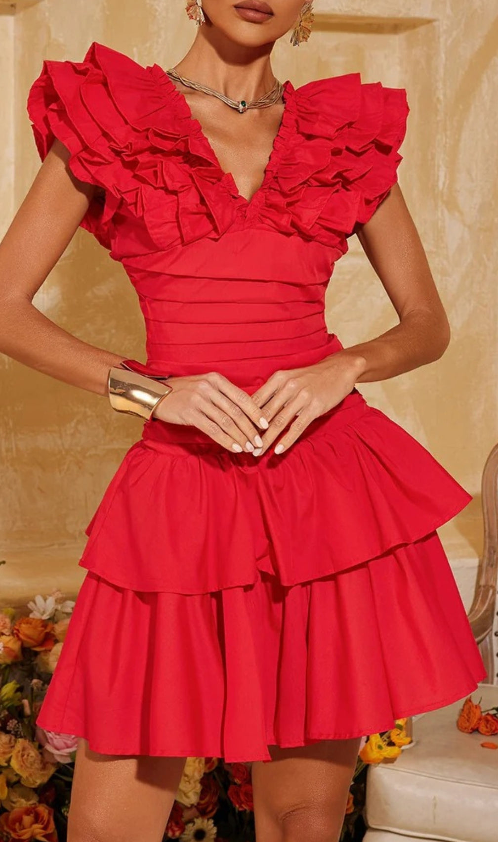 Elyana V Neck Ruffle Tiered Skirt Set