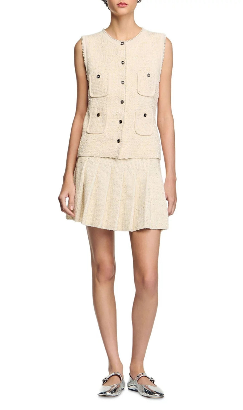 Short Tweed Pleated Skirt