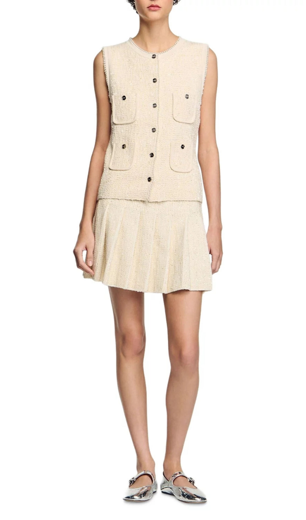 Short Tweed Pleated Skirt