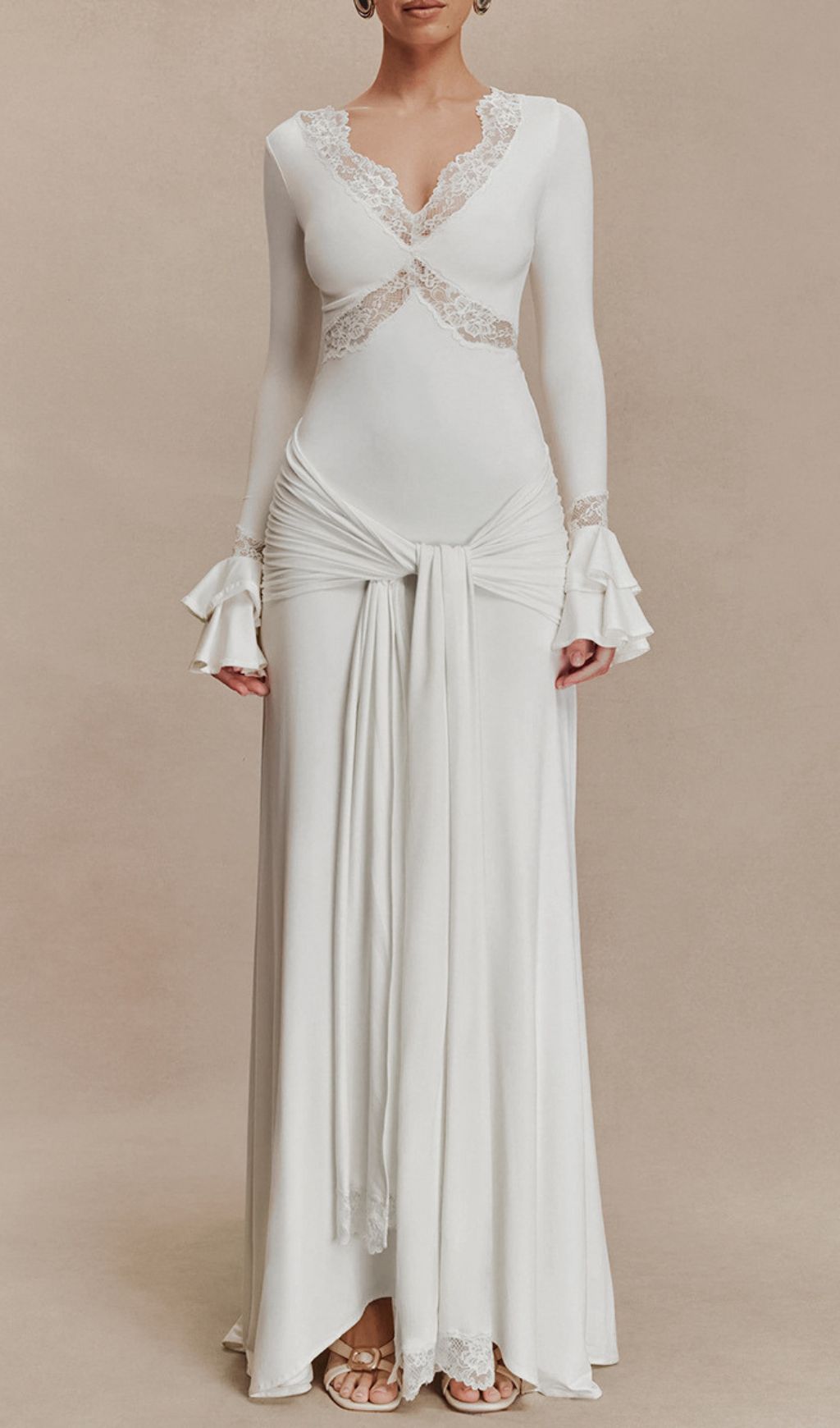 Akeelah Graceful Lace-Trimmed Flare Sleeve Maxi Dress | Tie-Waist Elegance